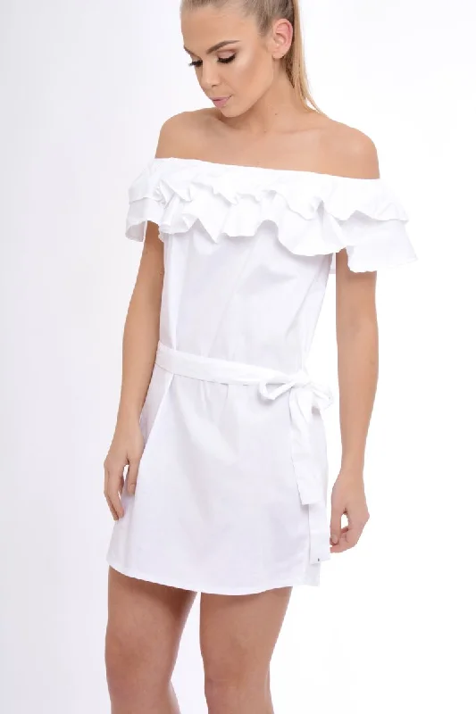 Button Front Shirt Dress with Pockets-White Frill Bardot Tie Waist Shirt Dress - Ally