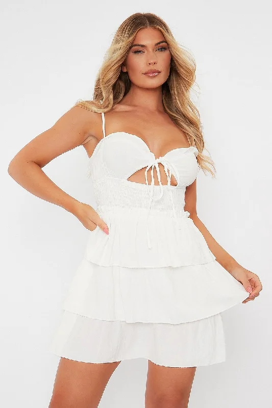 Women's Blush Pink Mini Dress-White Frill Detail Tiered Cut Out Mini Dress - Daneen