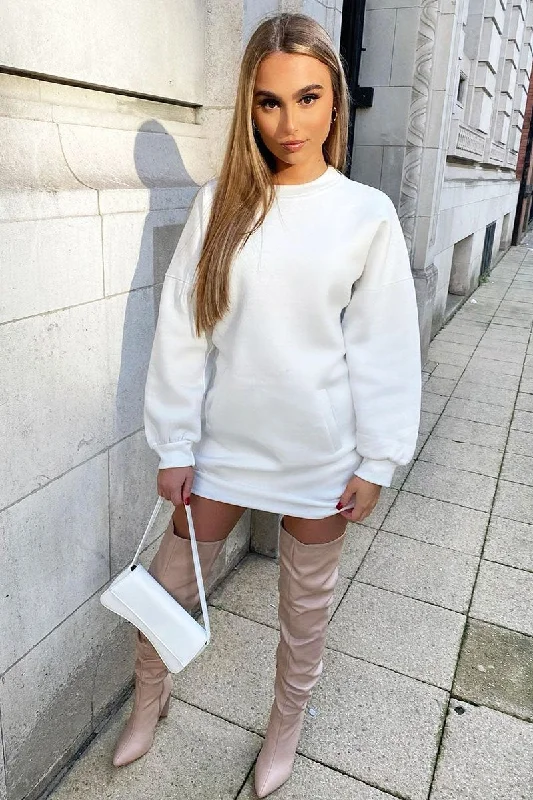 Women's Mesh Insert Mini Dress-White Front Pocket Sweatshirt Mini Dress - Niamh