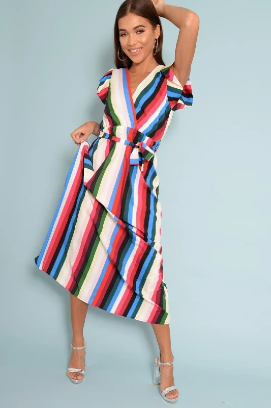 Women's Satin Back Maxi Dress-White Green And Blue Plunge Wrap Belted Maxi Dress - Carri