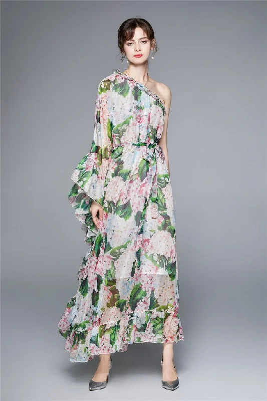 Double-Strap Party Dress for Trendy Appeal -White & Green ?ocktail & Party A-line Asymmetric Neck Long Sleeve Ruffled Tea Dress