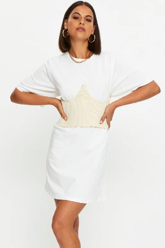 Classic Women's Shirt Dress-White Knitted Corset Belt And T Shirt Dress