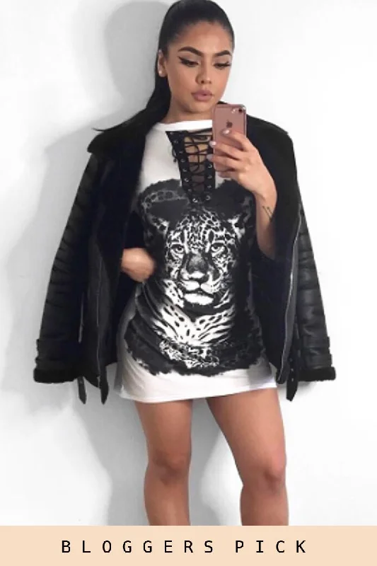 Stylish Casual Shirt Dress-White Lace Up Tiger T-shirt Dress - Mali