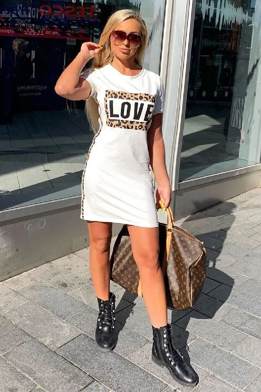 Cozy Wool Shirt Dress-White Love Slogan Leopard Midi T-shirt Dress - Kloie