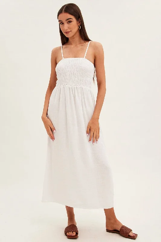 Women's Button Front Maxi Dress-White Maxi Dress With Straps Shirring Linen Blend