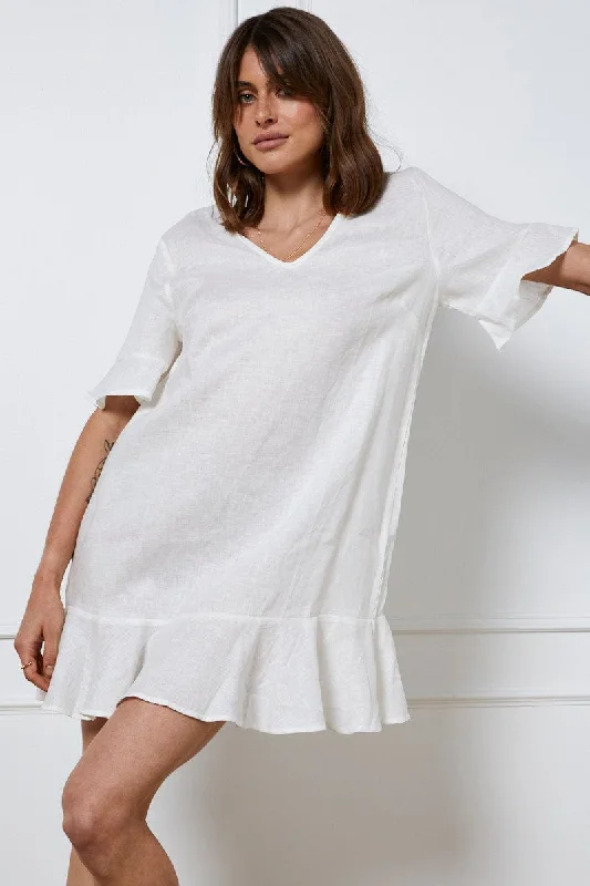 Women's Open Back Mini Dress-White Mini Dress Short Sleeve Linen