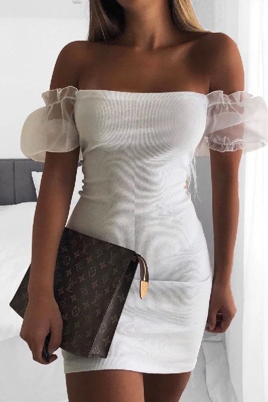 Women's Plunging Neck Satin Mini Dress-White Organza Puff Sleeve Mini Dress - Dalena Women's Plunging Neck Satin Mini Dress-White Organza Puff Sleeve Mini Dress - Dalena