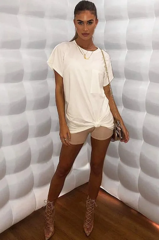 Women's Elegant Shirt Dress-White Oversized Pocket Front Midi T-Shirt Dress - Whitney