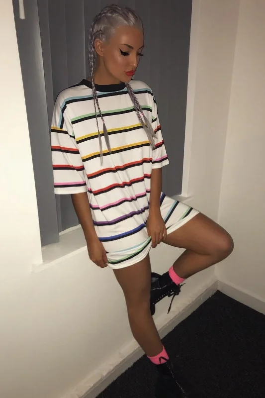 Women's Round Neck Shirt Dress-White Rainbow Stripe Oversized T-Shirt Dress - Avriella