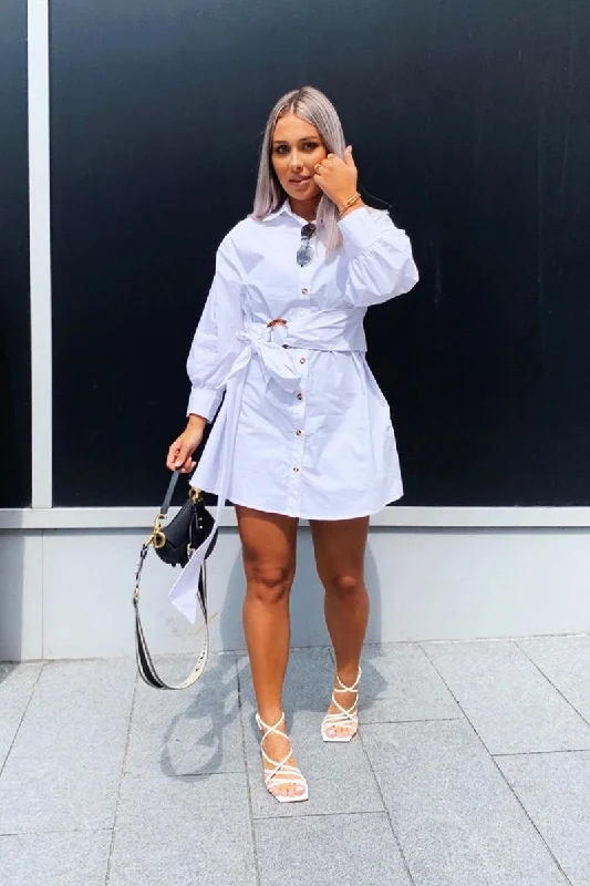 Checked Long Sleeve Shirt Dress-White Resin Belt Gathered Sleeve Shirt Dress - Tawny