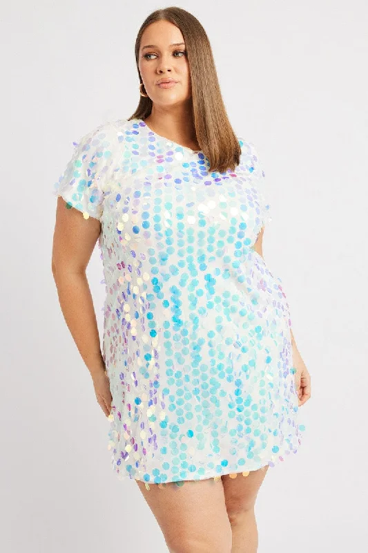Simple V-neck Shirt Dress-White Sequin Mini T-Shirt Dress