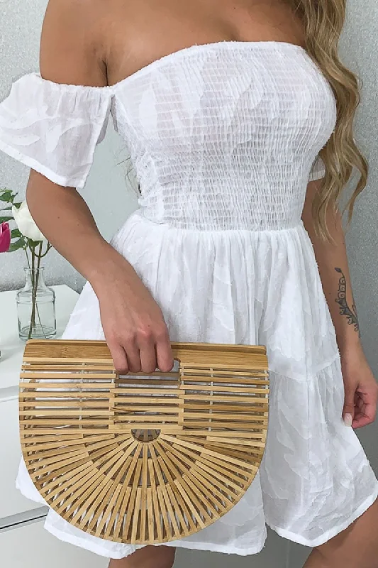Women's Lace Detail V-neck Mini Dress-White Shirred Bardot Tiered Textured Mini Dress - Emma Women's Lace Detail V-neck Mini Dress-White Shirred Bardot Tiered Textured Mini Dress - Emma