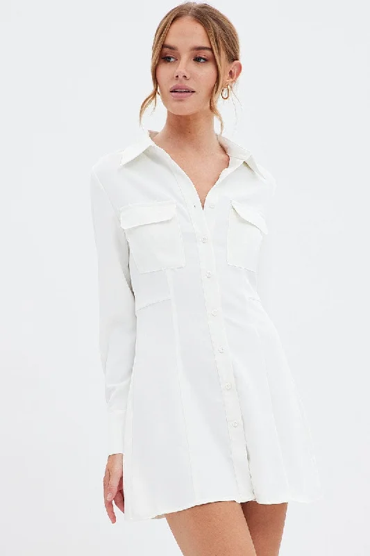 Women's Button Shirt Dress-White Shirt Dress Long Sleeve