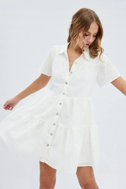 Casual Midi Shirt Dress-White Shirt Dress Short Sleeve Tiered