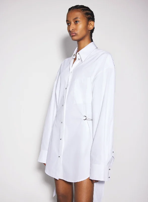 Button-up Check Shirt Dress-white shirt dress with chain