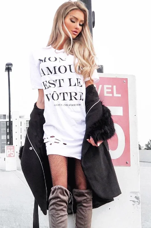 Plaid Shirt Dress with Belt-White Slogan Distressed T-Shirt Dress - Ashlen
