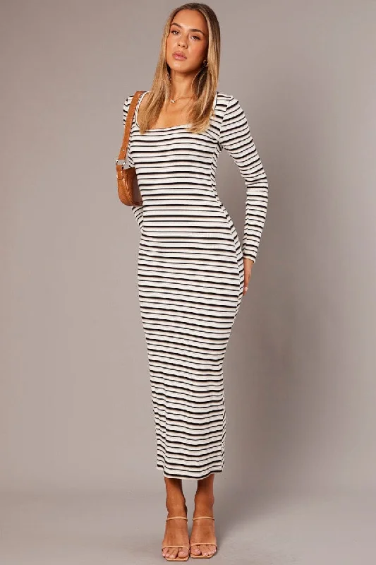 Women’s Burgundy Bodycon Dress -White Stripe Bodycon Dress Long Sleeve
