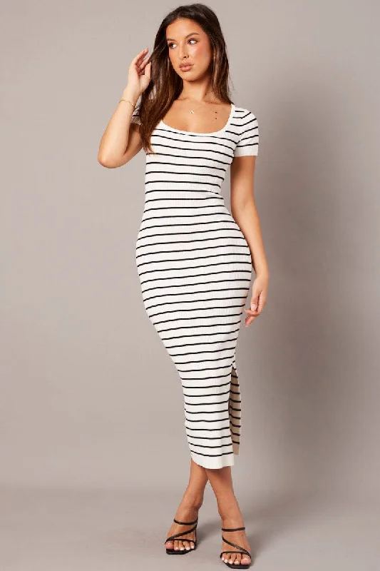 Elegant Women's Bodycon Dress -White Stripe Knit Dress Short Sleeve Bodycon Midi