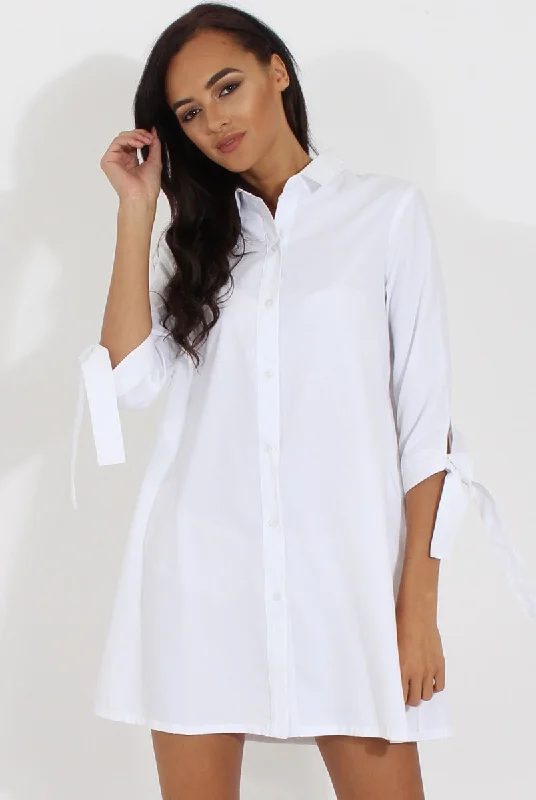 Loose Fit Shirt Dress-White Suede Tie Cuff Oversized Shirt Dress - Deborah