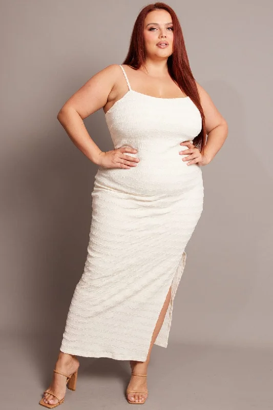 Women's Full-length A-line Maxi Dress-White Textured Maxi Dress