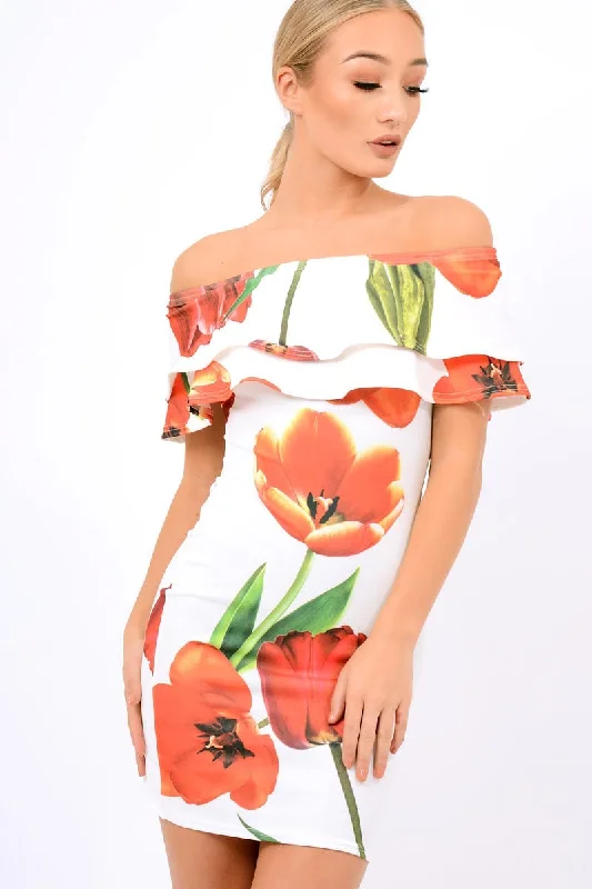 Bodycon Dress for Formal Dinner -White Tulip Bardot Bodycon Dress - Kelis