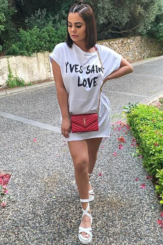 Buttoned-up Shirt Dress-White Yves Saint Love Printed Slogan T-Shirt Dress - Jamey