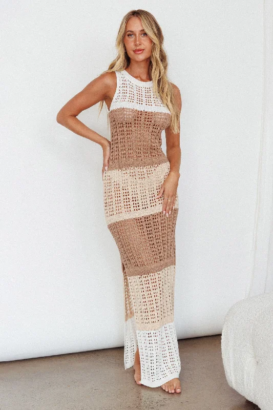 Women's Ruffled Strapless Maxi Dress-Wild Thing Crochet Maxi Dress Beige