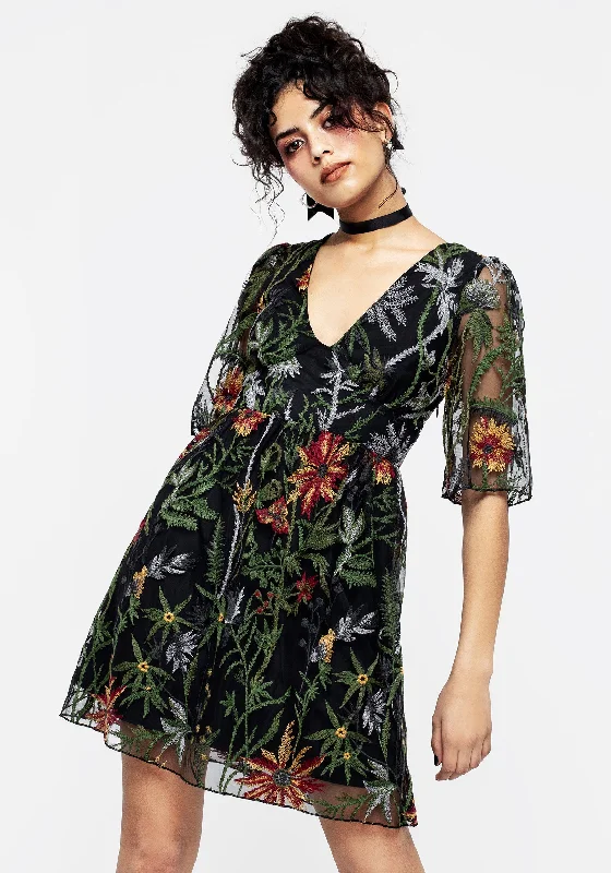 Women's Twisted Front Mini Dress-Wildflower Embroidered Mesh Mini Dress