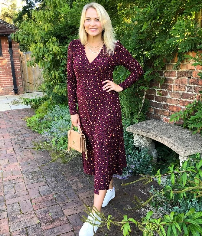 Wrap Dress for Bold Statement -Comfortable Wrap Dress -Burgundy Leopard Print Jersey Wrap Dress Wrap Dress for Bold Statement -Comfortable Wrap Dress -Burgundy Leopard Print Jersey Wrap Dress