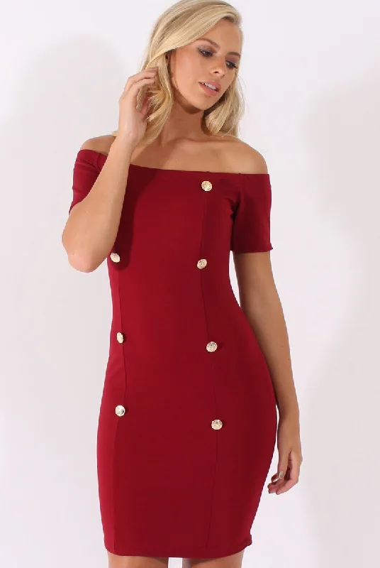 Bodycon Dress with Mesh Panel -Wine Bardot Bodycon Button Detail Dress - Wallis