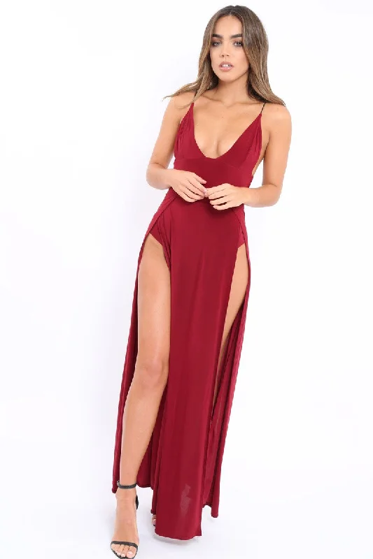 Women's Floral Embroidered Maxi Dress-Wine Front Split Leg Maxi Dress - Effy