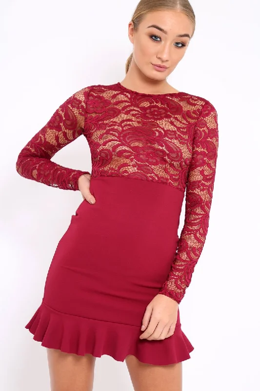 Strapless Bodycon Dress for Evening -Wine Lace Bodycon Dress - Stacey