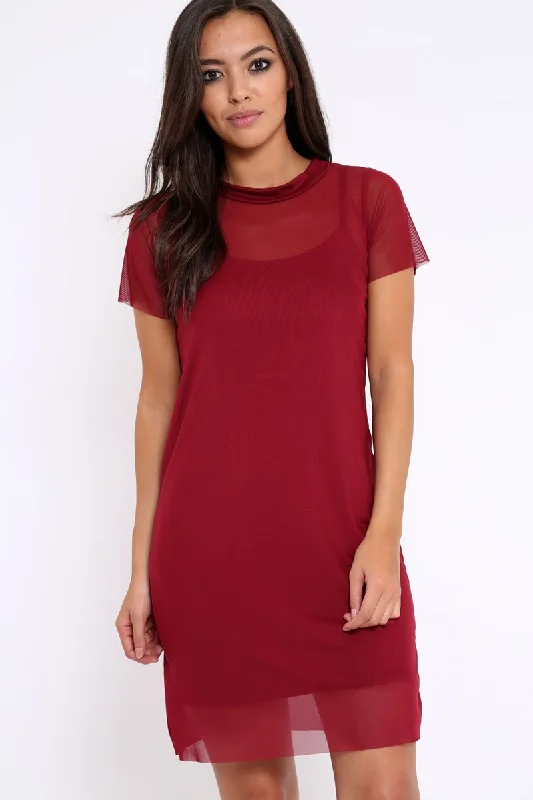 Dressy A-line Shirt Dress-Wine Mesh Overlay T-Shirt Dress - Selena