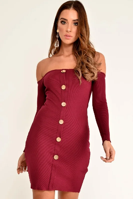 Women's Blush Satin Mini Dress-Wine Rib Bardot Button Down Mini Dress - Janora