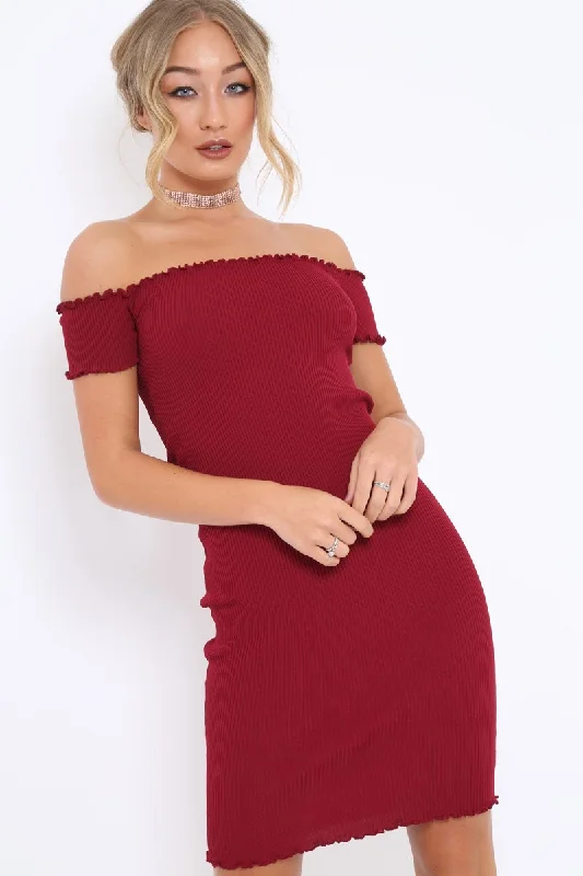 Bodycon Dress with Chain Detail -Wine Ribbed Frill Hem Bardot Bodycon Dress - Kamille
