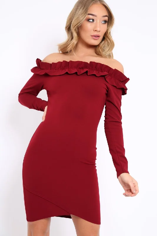 Bodycon Dress with Cap Sleeves -Wine Ruffle Bardot Bodycon Dress - Alix