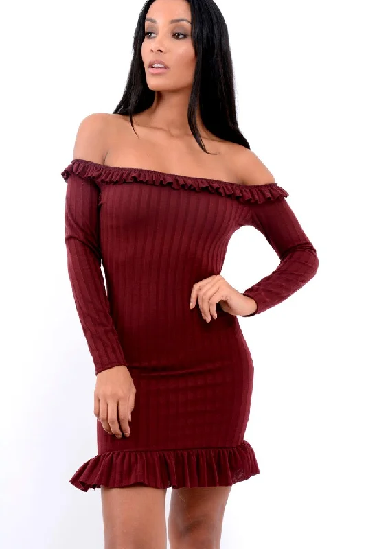 Women's Embellished Shoulder Mini Dress-Wine Ruffle Hem Ribbed Bardot Mini Dress - Destiny