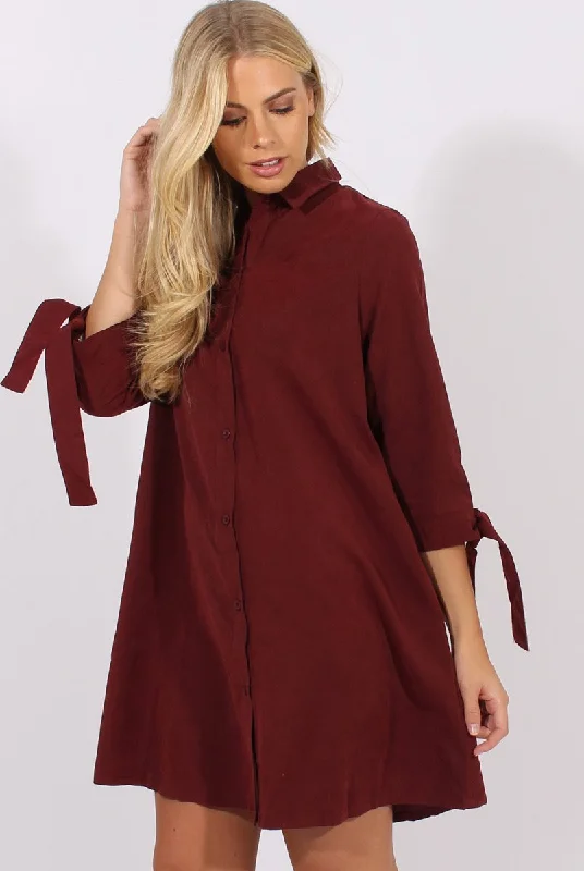 Button Front Casual Shirt Dress-Wine Suede Tie Cuff Oversized Shirt Dress - Deborah