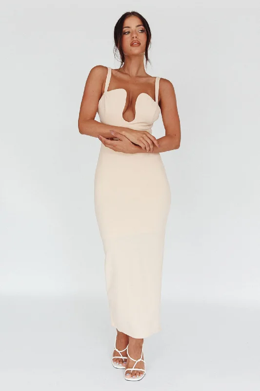 Women's Stretchy Knit Maxi Dress-Winter Garden U-Neckline Maxi Dress Beige
