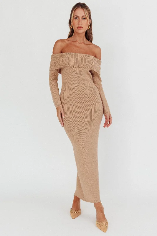 Women's Relaxed Fit Maxi Dress-Winter Wonder Off-Shoulder Knit Maxi Dress Mocha