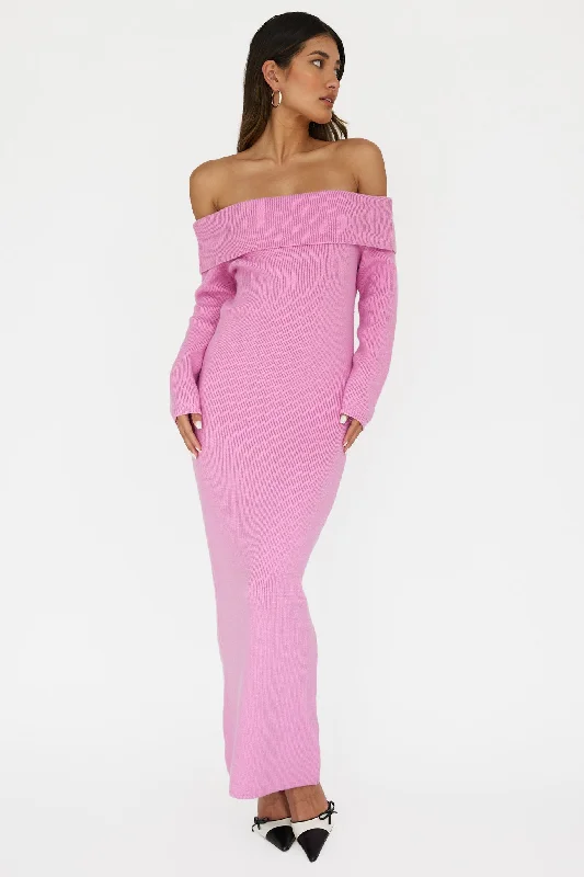 Women's Wool Maxi Dress-Winter Wonder Off-Shoulder Knit Maxi Dress Pink