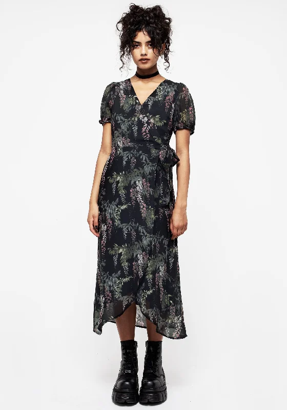 Wrap Dress for Fashion-forward Look -Wrap Dress for Bridal Shower -Wisteria Floral Print Chiffon Midi Wrap Dress Wrap Dress for Fashion-forward Look -Wrap Dress for Bridal Shower -Wisteria Floral Print Chiffon Midi Wrap Dress
