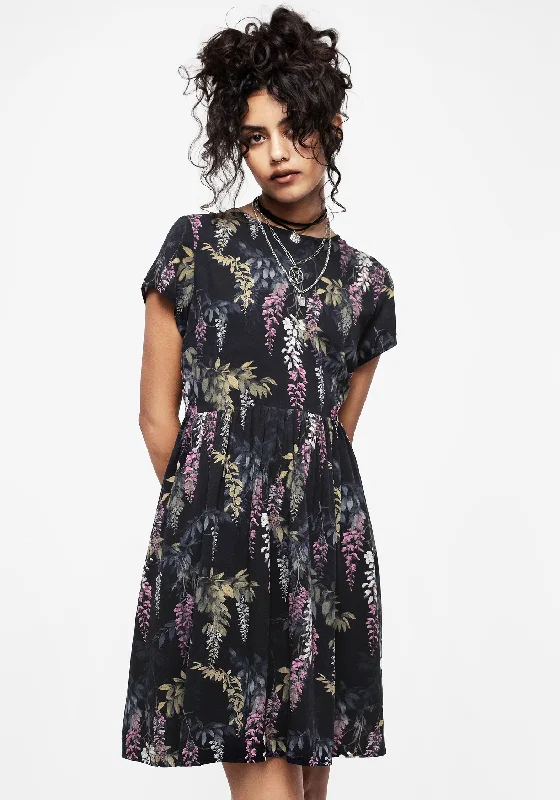 Women's Tartan Mini Dress-Wisteria Floral Print Mini Skater Dress