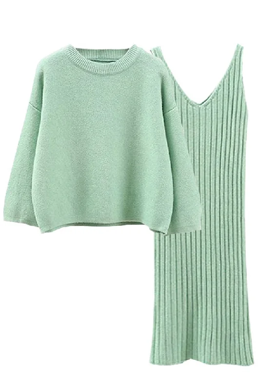 Women's Modern Puff Sleeve Mini Dress-Erola Light Green Kneeted Mini Dress and Top Set Women's Modern Puff Sleeve Mini Dress-Erola Light Green Kneeted Mini Dress and Top Set