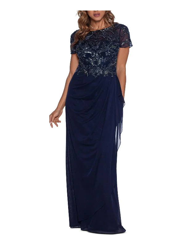 Sleek Metallic Party Dress for Night Event -Womens Beaded Draped Evening Dress