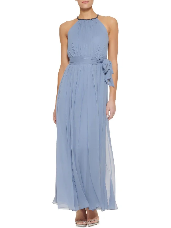 Satin Slip Dress for Sexy Evening Look -Womens Beaded Halter Evening Dress