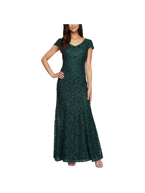 Red Floral Party Dress for Festive Event -Womens Beaded Lace Evening Dress