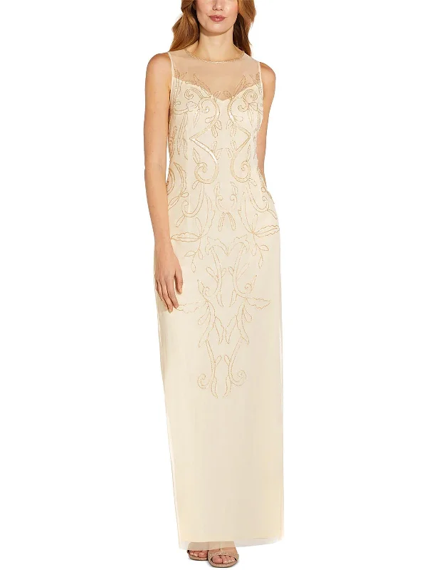 Off-White Party Dress for Winter Weddings -Womens Beaded Maxi Evening Dress