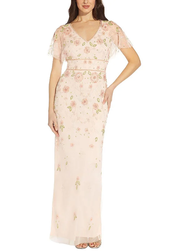 V-neck Satin Party Dress for Sleek Silhouette -Womens Beaded Maxi Evening Dress