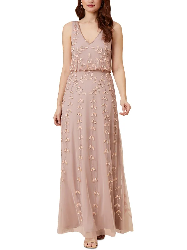 Floral Embroidery Party Dress for Romantic Look -Womens Beaded Mesh Evening Dress